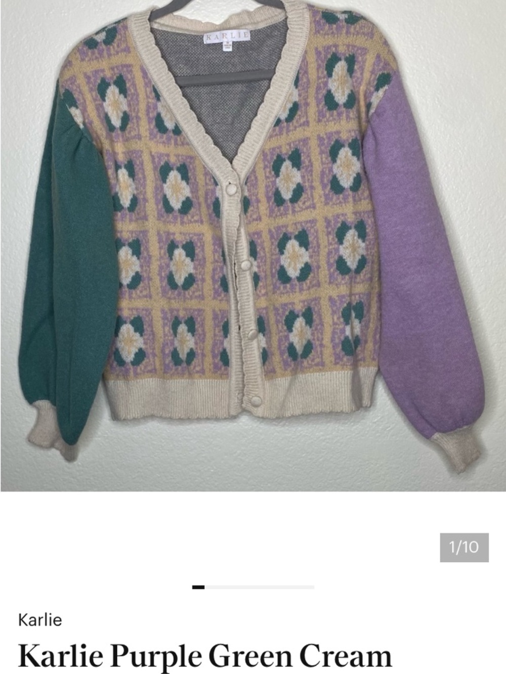 Karlie Cream, Purple & Green Floral Panel V‑Neck Cardigan